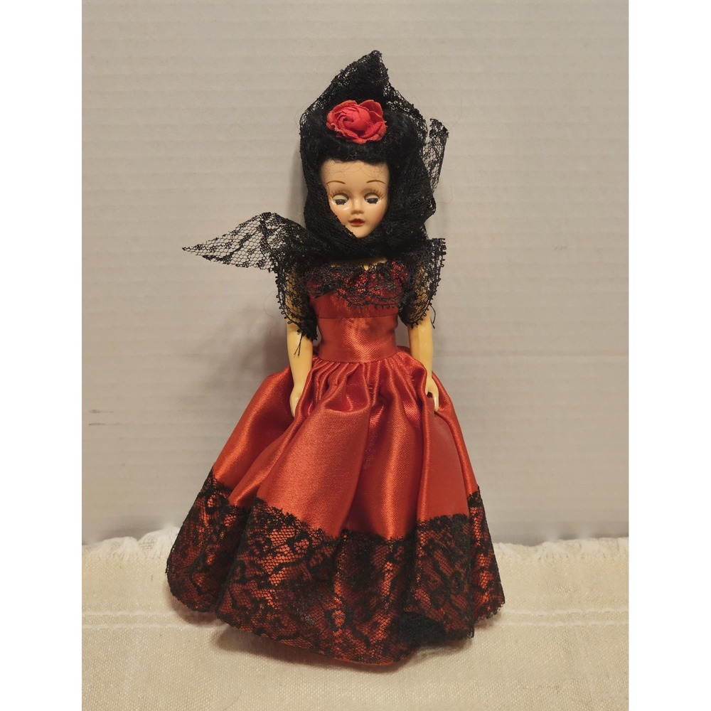 Vintage Plastic Spanish Senorita Doll MCM Red Satin Black Lace